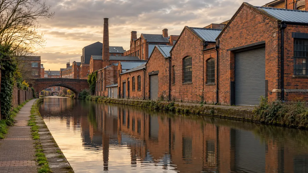 Canalside brick workshops reflecting Birmingham’s industrial waterside setting