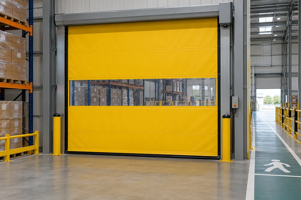 Yellow fast-action doorway with a viewing panel for a Birmingham warehouse route