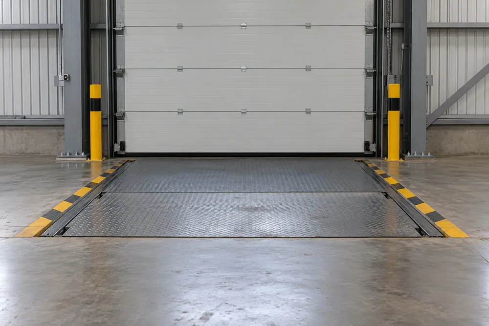 Level dock platform in front of a closed Birmingham loading bay shutter