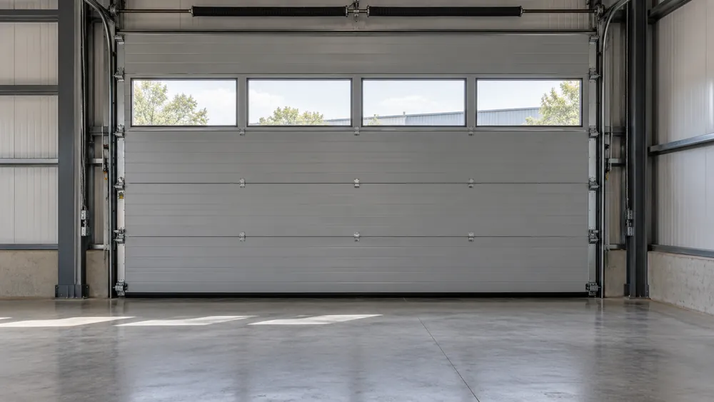 Interior view of sectional door panels and overhead runners for a Birmingham warehouse